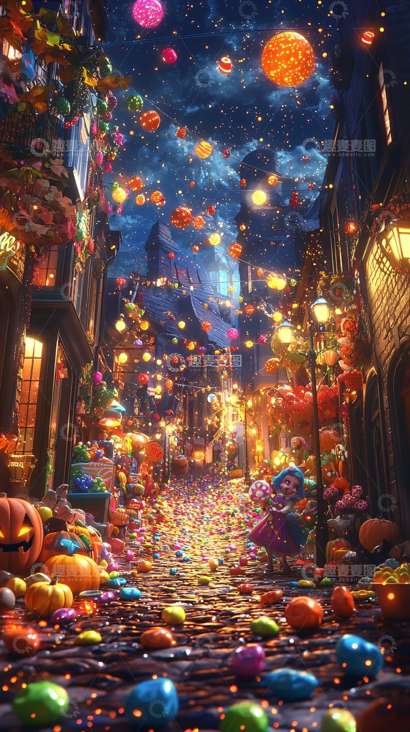 高清大图下载【趣麦麦图】万圣节糖果街道夜景