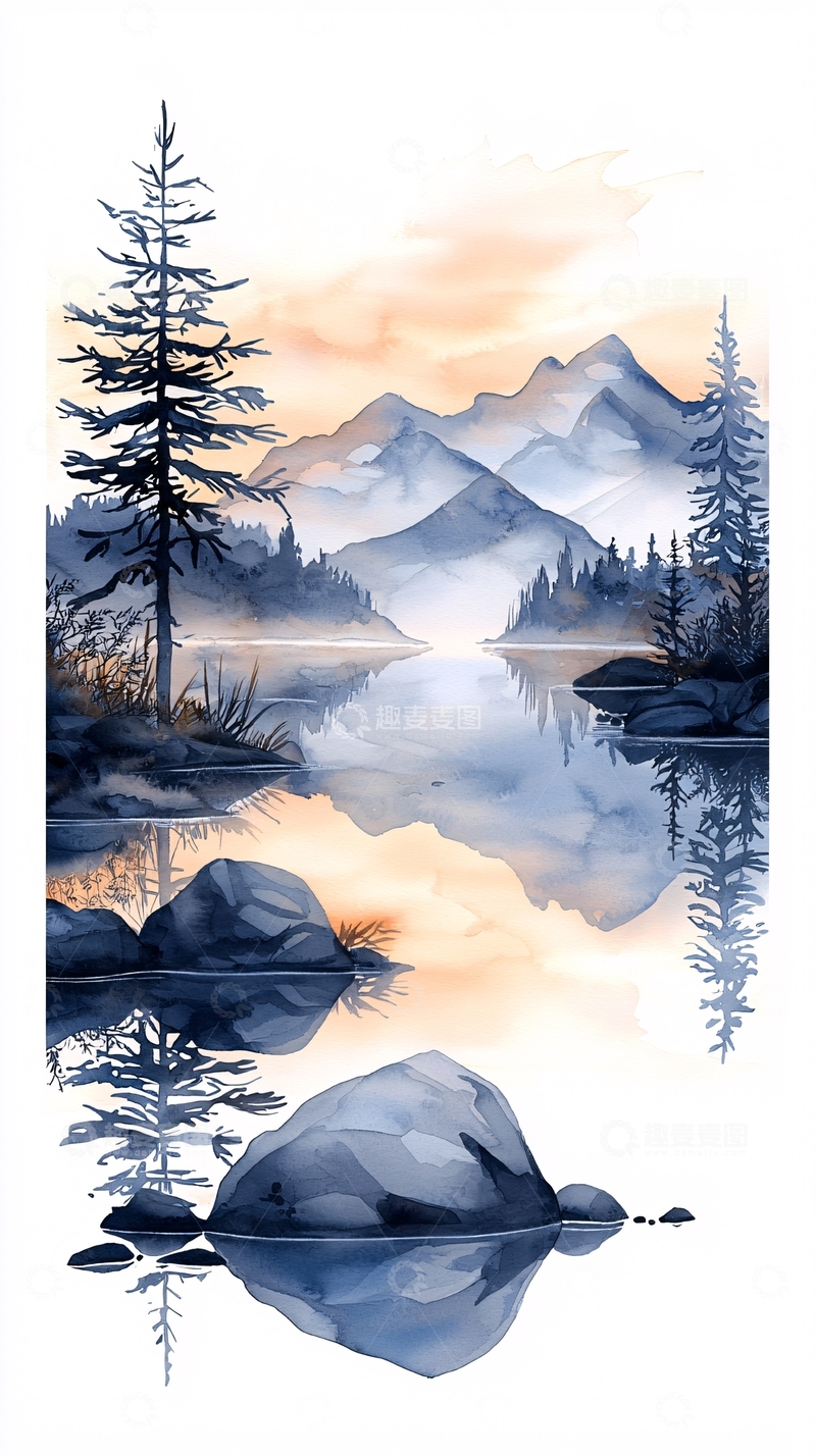 高清大图下载【趣麦麦图】晨雾山川倒影图