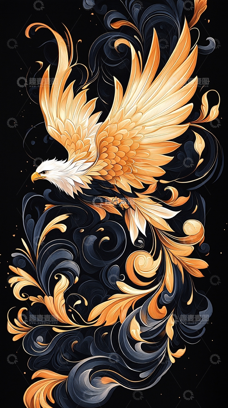 高清大图下载【趣麦麦图】金色凤凰与抽象花卉图案