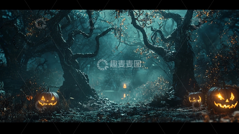 高清大图下载【趣麦麦图】万圣节夜晚森林南瓜灯