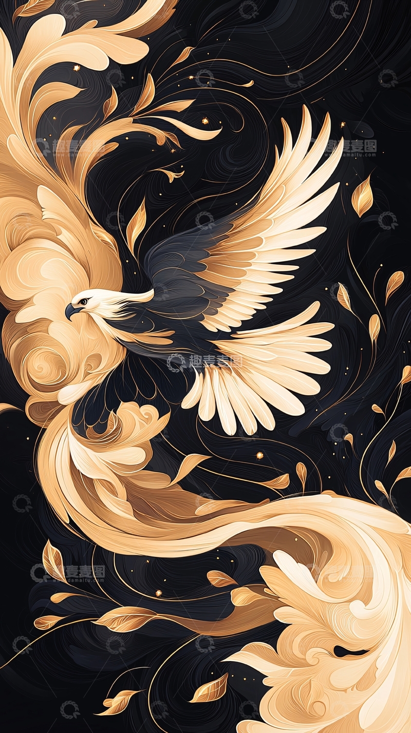 高清大图下载【趣麦麦图】金色凤凰与抽象背景