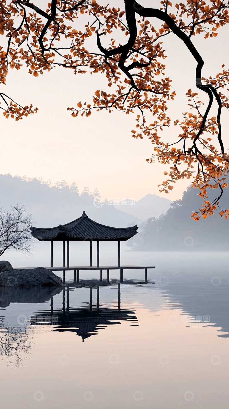 高清大图下载【趣麦麦图】秋日湖畔亭阁静谧图