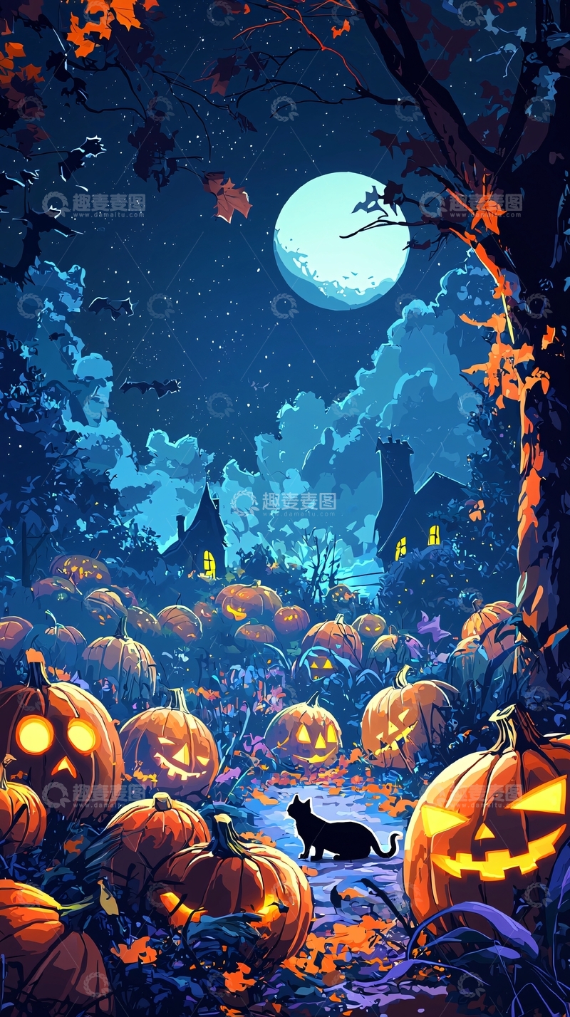 高清大图下载【趣麦麦图】万圣节夜景南瓜猫