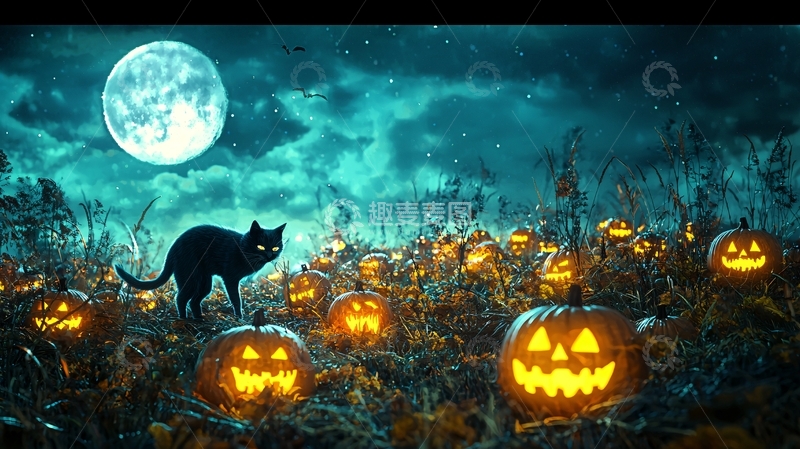 高清大图下载【趣麦麦图】万圣节夜晚南瓜猫