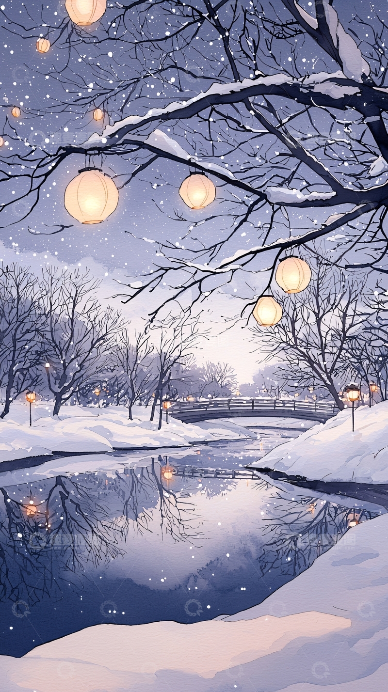 高清大图下载【趣麦麦图】冬夜雪景灯笼小桥流水