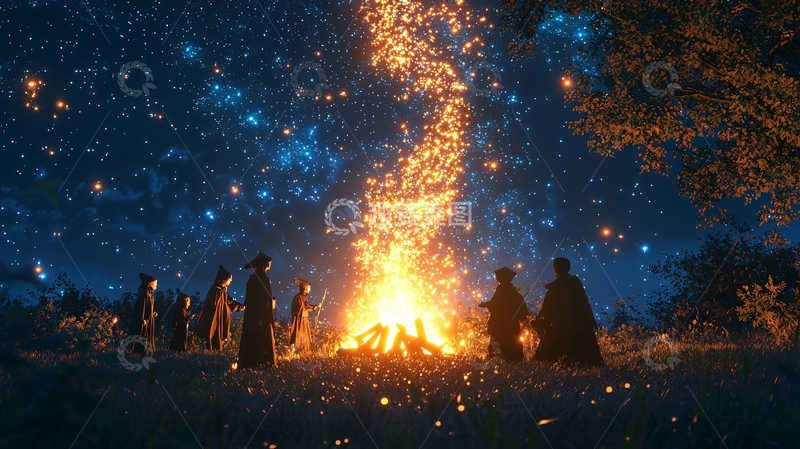 高清大图下载【趣麦麦图】夜晚篝火旁的神秘人物