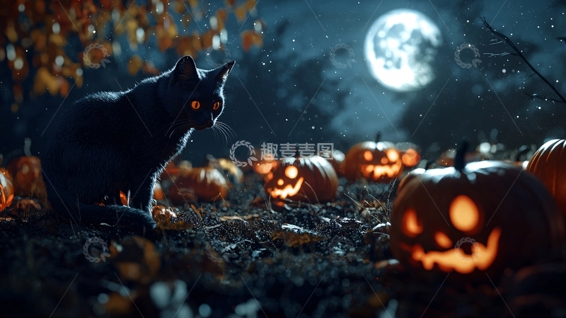 高清大图下载【趣麦麦图】万圣节夜晚黑猫与南瓜灯