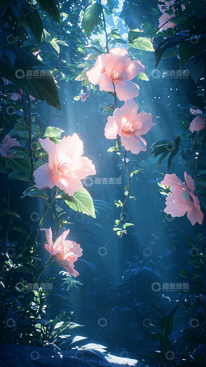 高清大图下载【趣麦麦图】梦幻森林中的粉色花朵