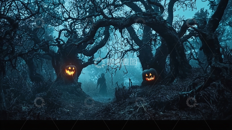 高清大图下载【趣麦麦图】万圣节森林中的幽灵与南瓜灯