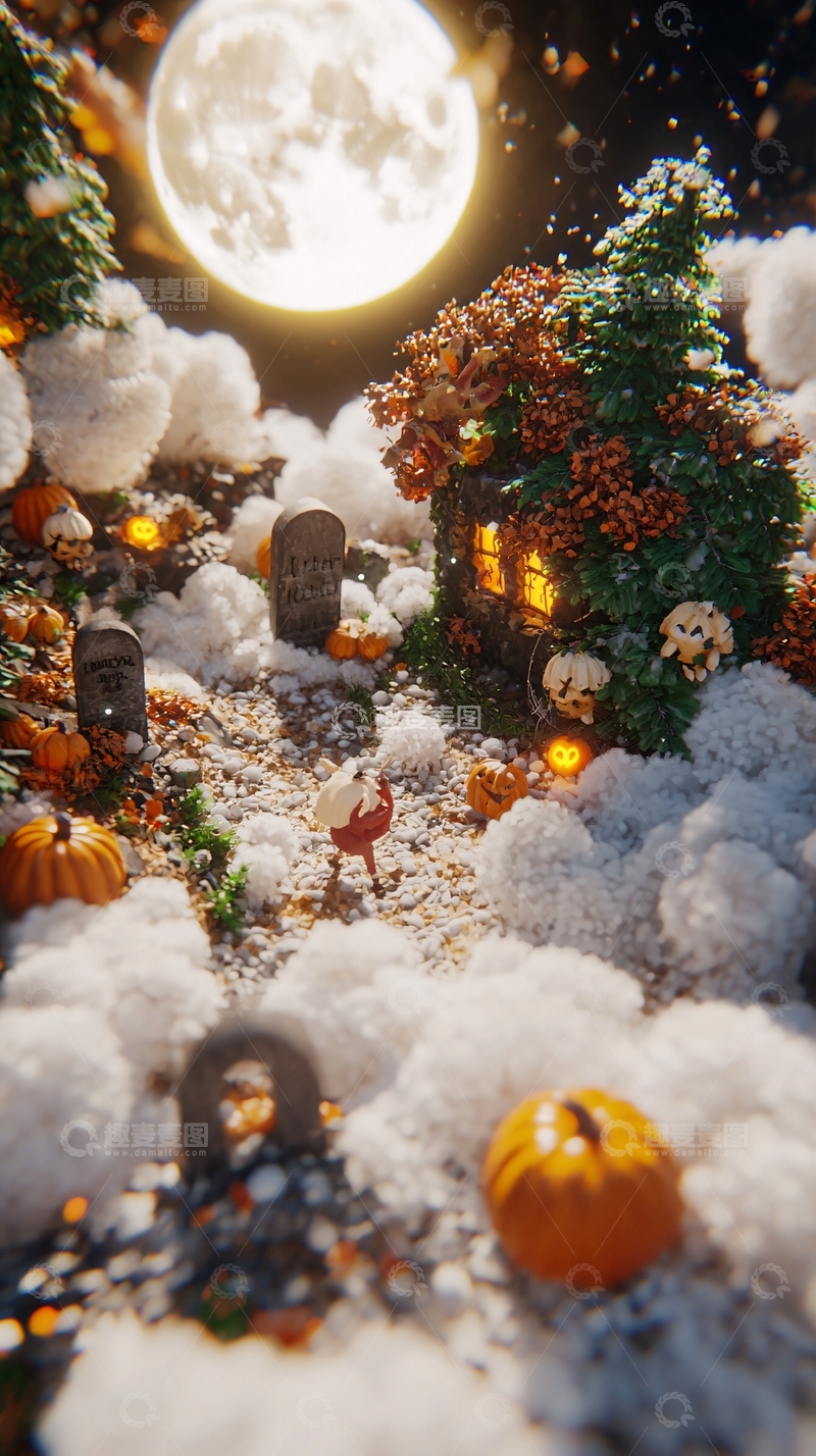 高清大图下载【趣麦麦图】万圣节雪景小屋南瓜灯