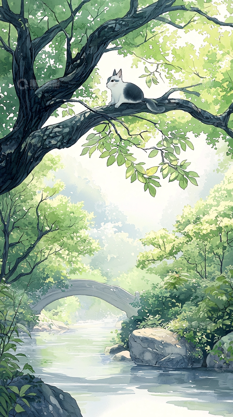 高清大图下载【趣麦麦图】树荫下的小桥流水猫咪图