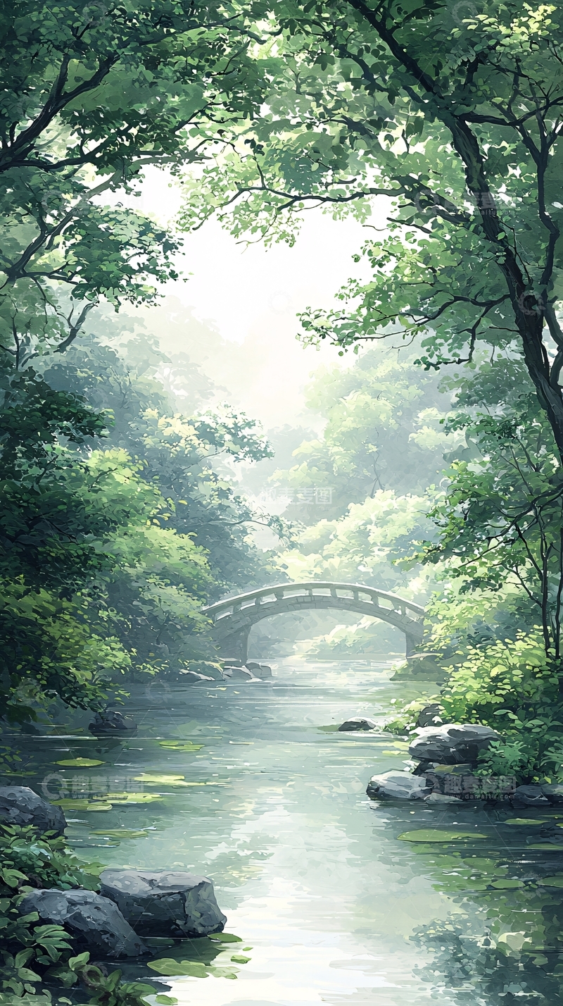 高清大图下载【趣麦麦图】绿意盎然的森林小桥