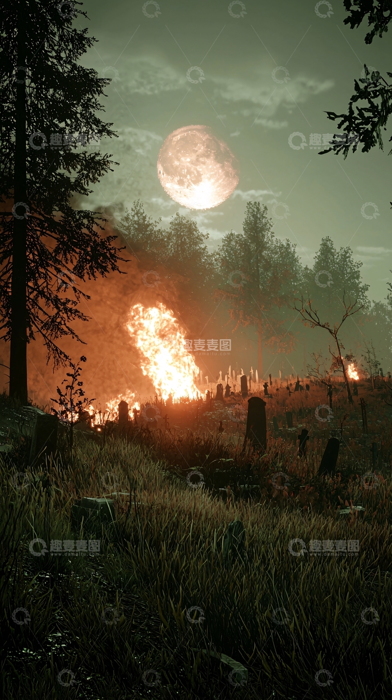 高清大图下载【趣麦麦图】月光下的荒野墓地