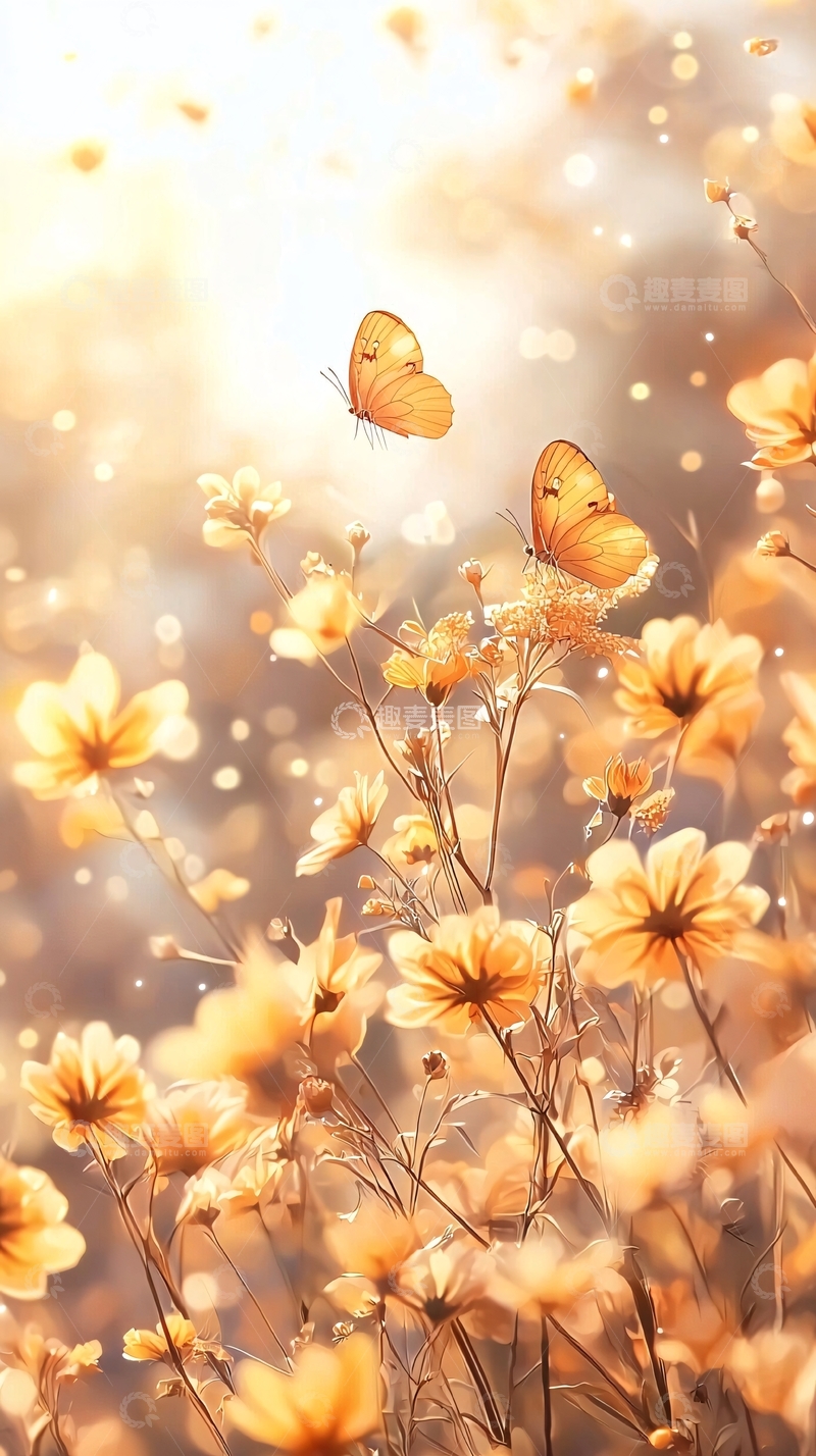 高清大图下载【趣麦麦图】金色蝴蝶与花朵的梦幻场景