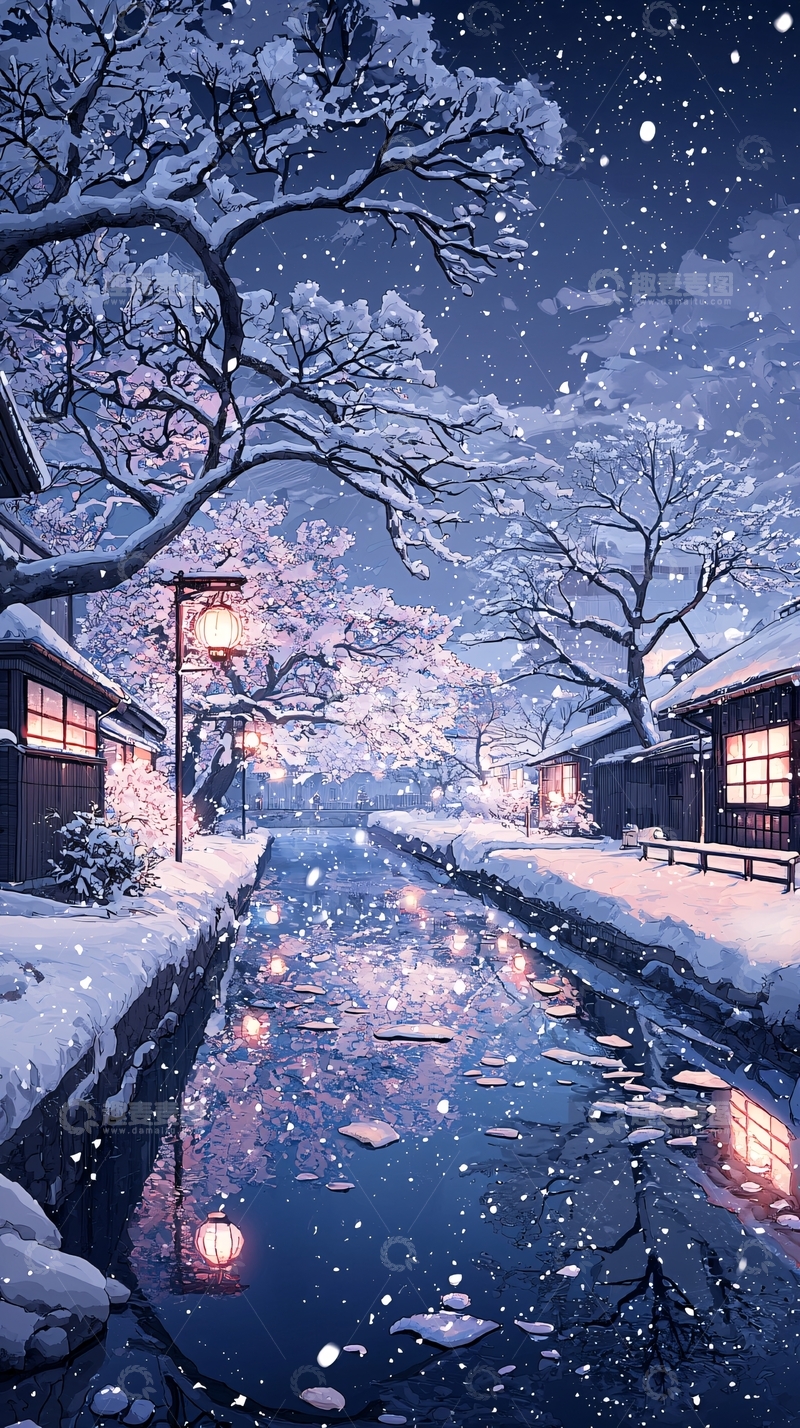 高清大图下载【趣麦麦图】冬夜雪景古村落