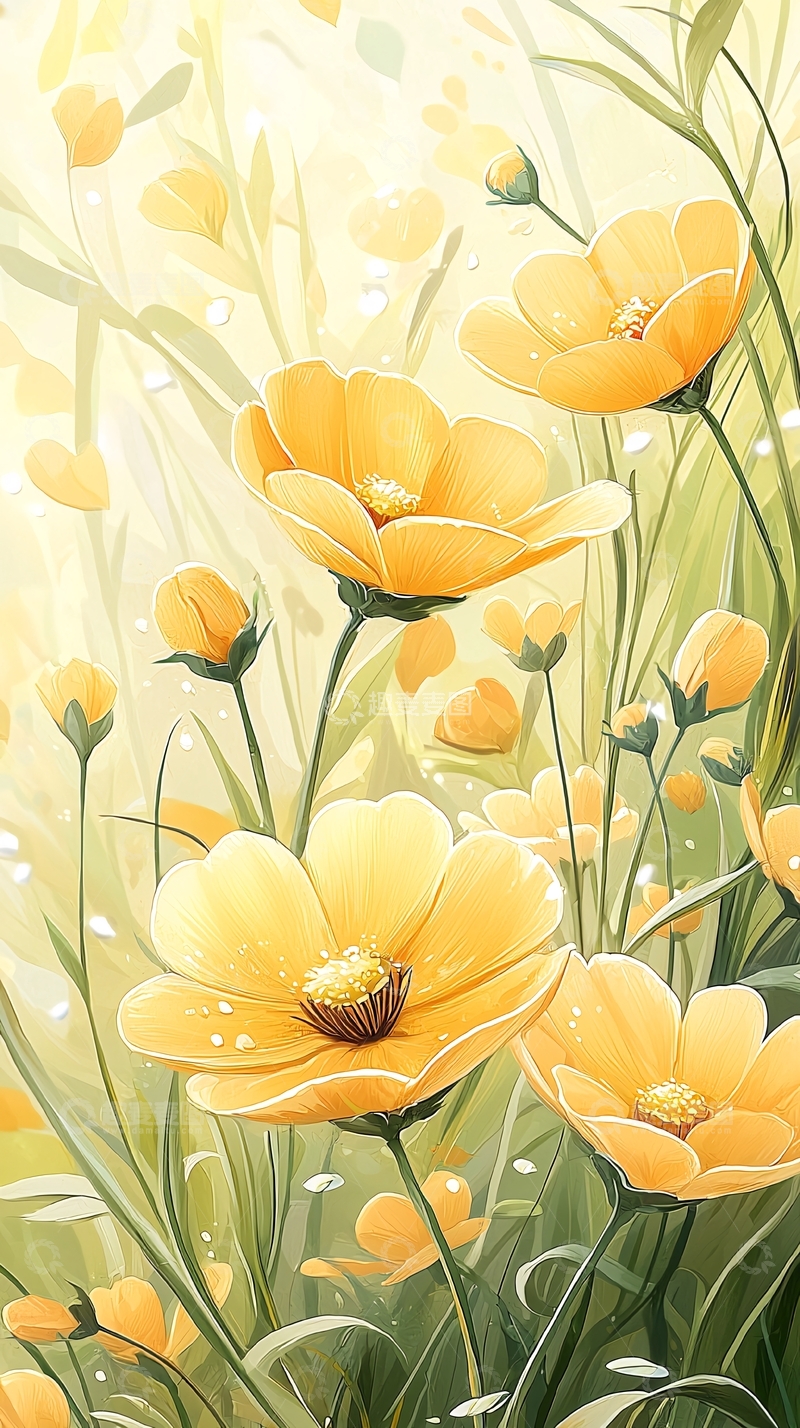 高清大图下载【趣麦麦图】黄色花朵手绘插画背景