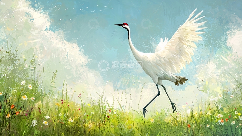 高清大图下载【趣麦麦图】白鹤舞动于花海之中