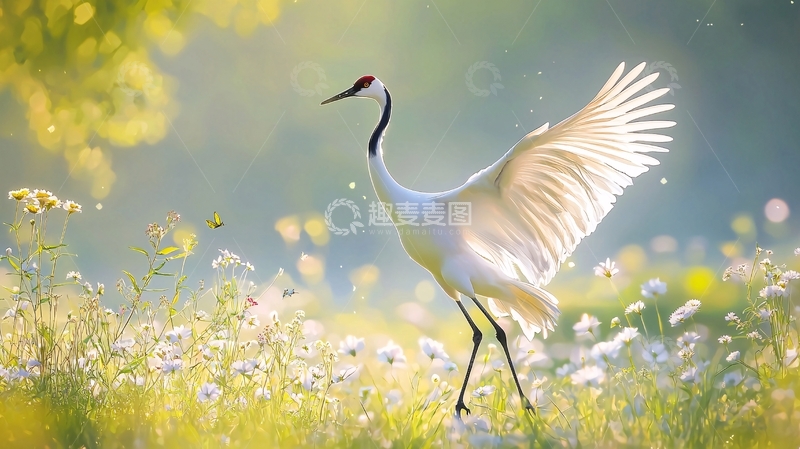 高清大图下载【趣麦麦图】红鹤在花丛中飞翔