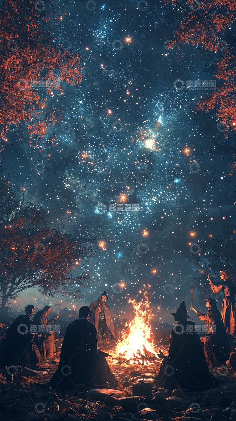 高清大图下载【趣麦麦图】夜晚篝火旁的神秘聚会