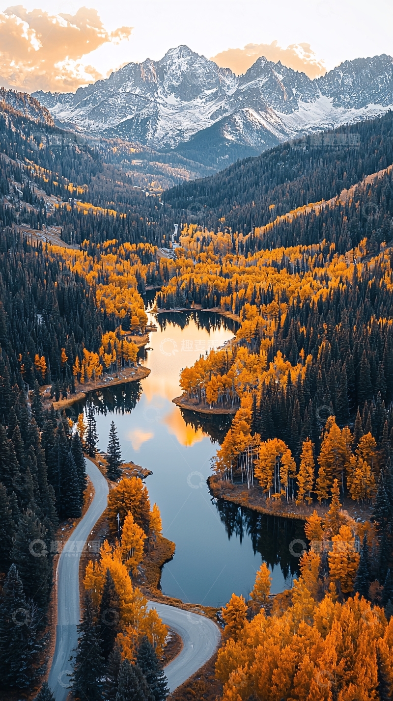 高清大图下载【趣麦麦图】晨光中的湖泊雪山森林公路航拍