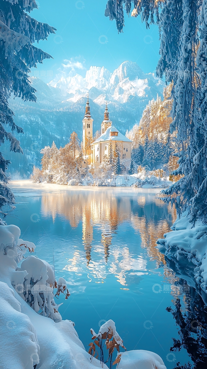 高清大图下载【趣麦麦图】金光溪谷冬林画楼