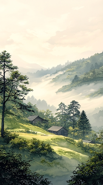 山间小屋晨雾图
