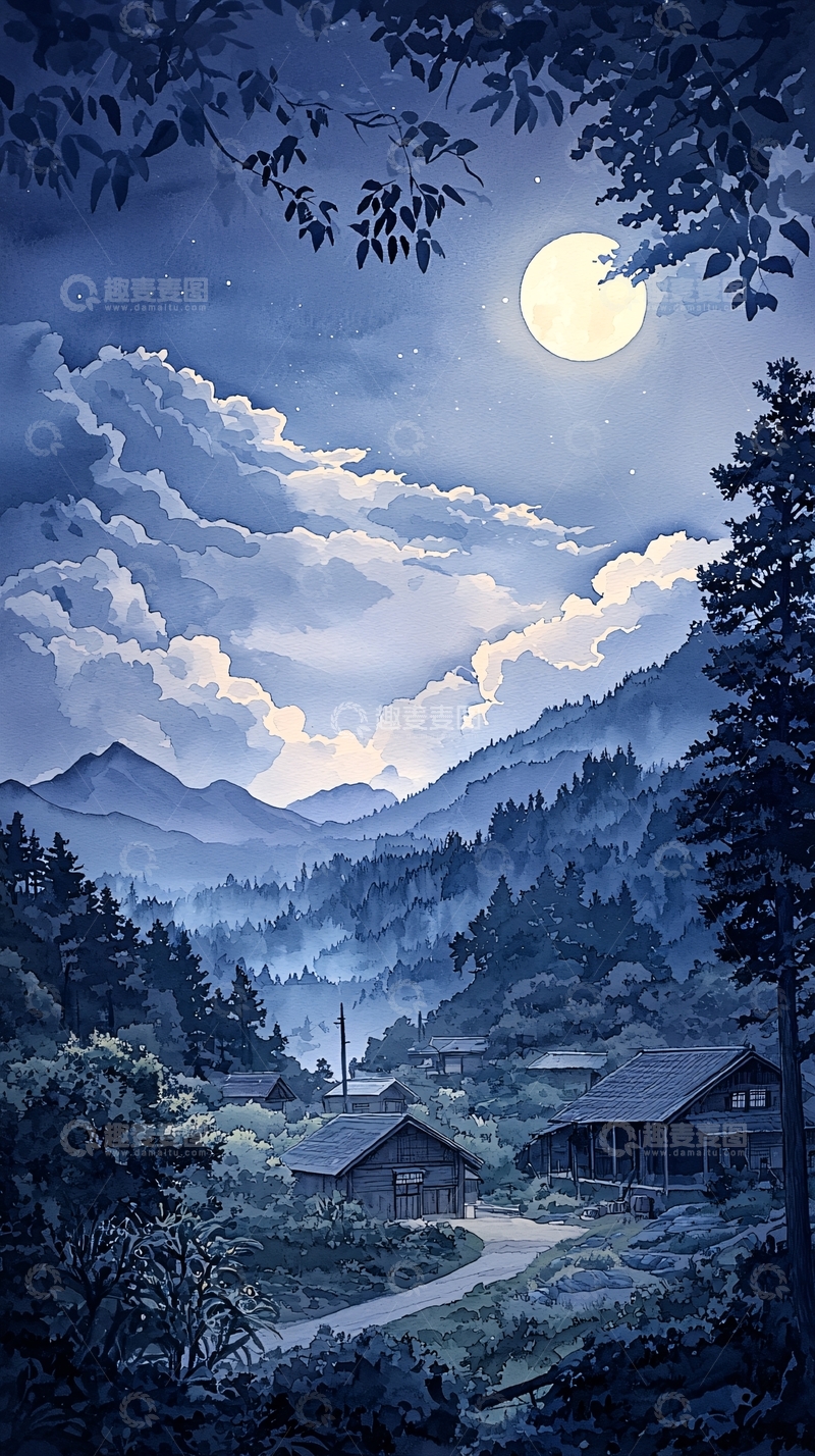 高清大图下载【趣麦麦图】夜色中的山村风景
