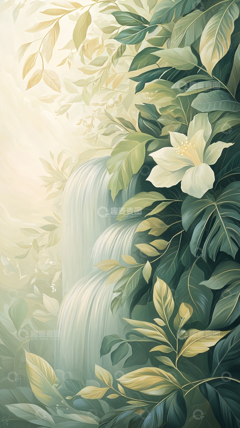 高清大图下载【趣麦麦图】瀑布与绿叶自然风光