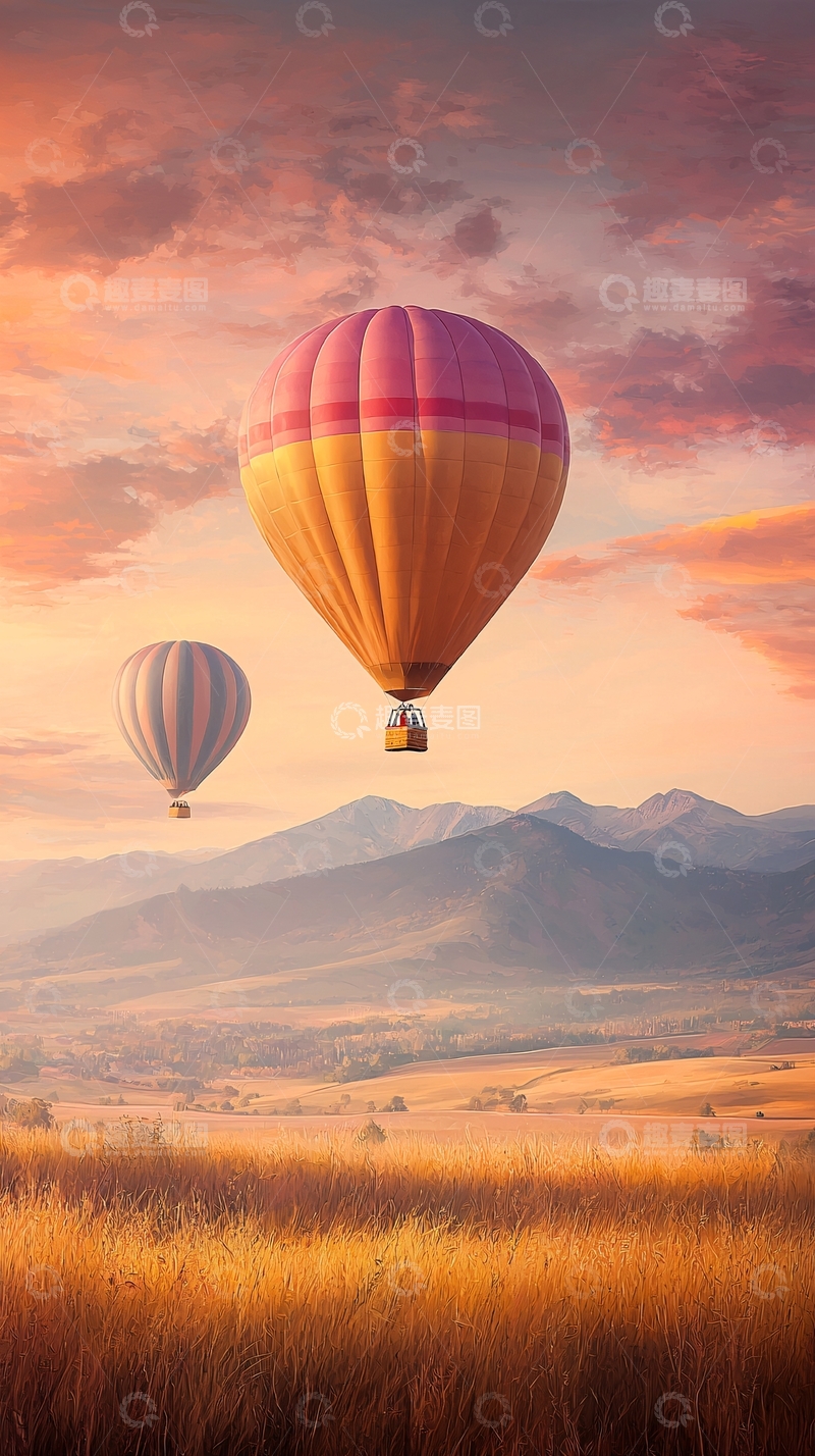 高清大图下载【趣麦麦图】热气球日落山景
