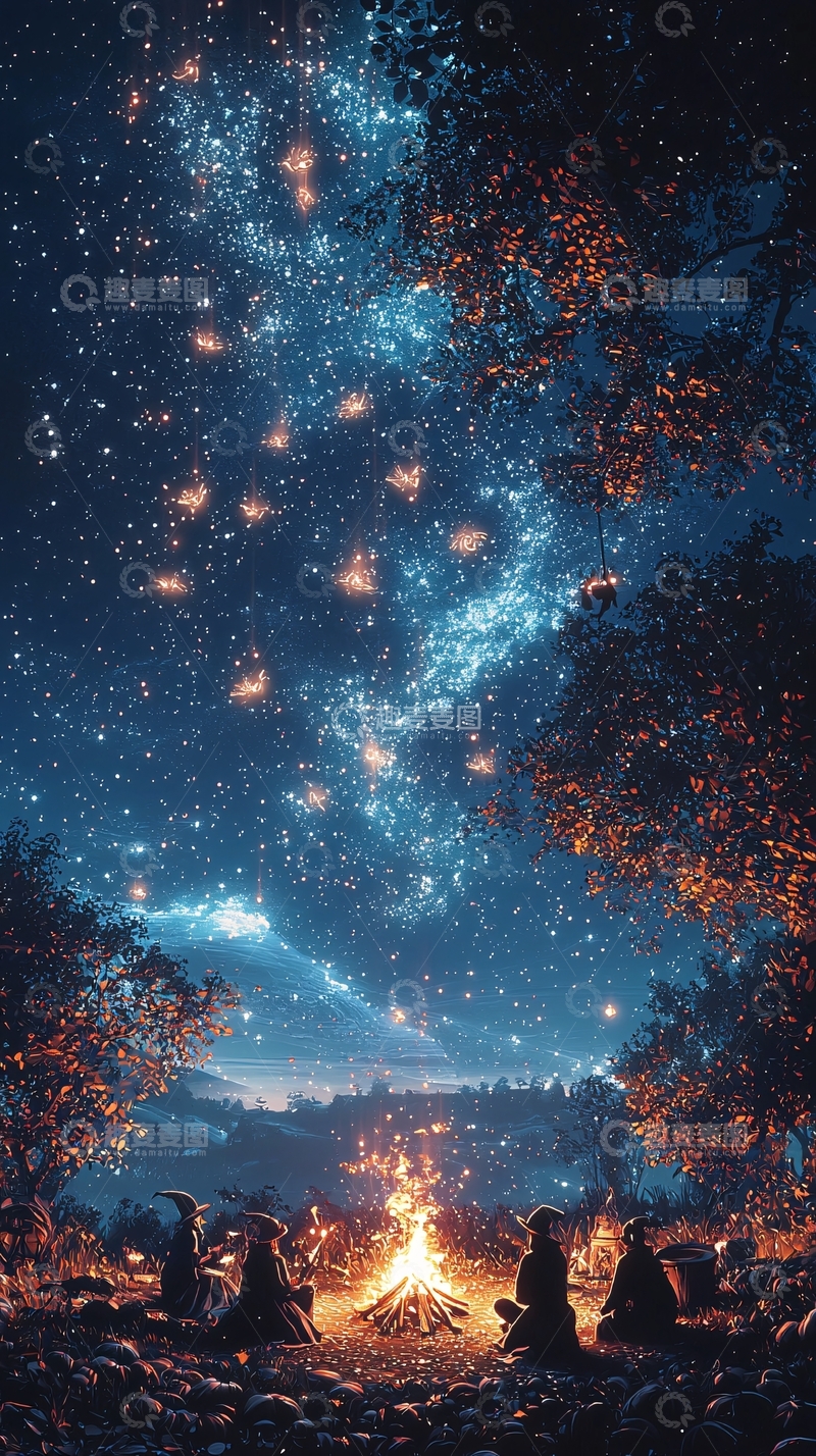高清大图下载【趣麦麦图】夜晚篝火下的神秘聚会