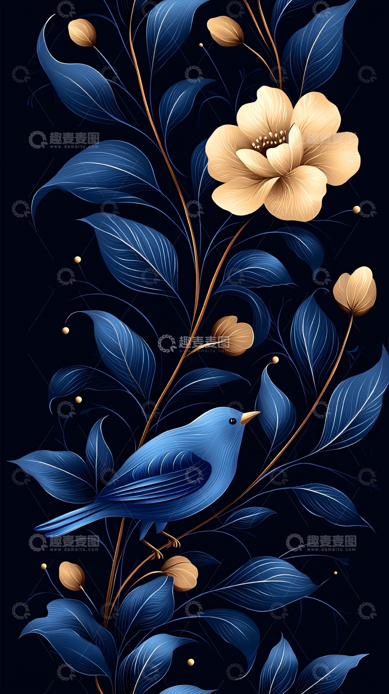 高清大图下载【趣麦麦图】蓝色花卉与小鸟插画