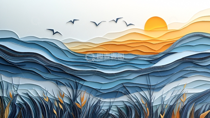 高清大图下载【趣麦麦图】剪纸风格的海岸植物与浪花