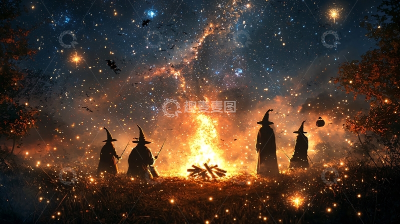 高清大图下载【趣麦麦图】夜空下的巫师篝火聚会