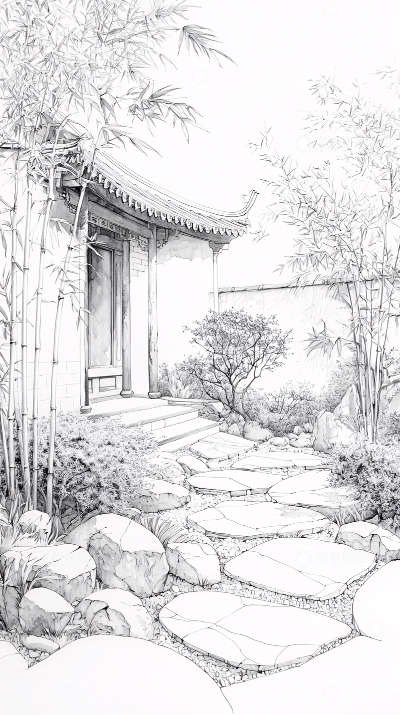 高清大图下载【趣麦麦图】传统庭院石径竹林图