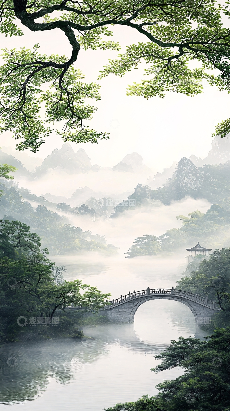高清大图下载【趣麦麦图】雾中古桥山水画