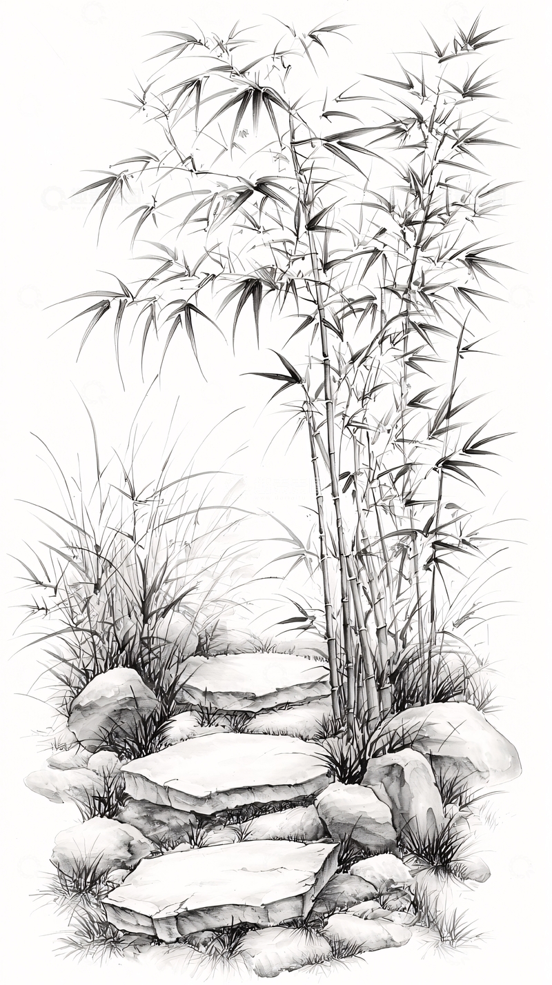 高清大图下载【趣麦麦图】竹林石阶水墨画