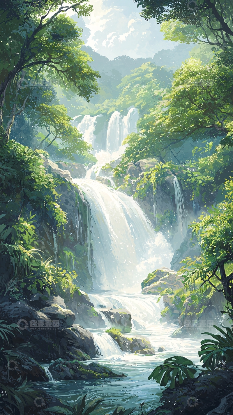 高清大图下载【趣麦麦图】森林中的瀑布美景