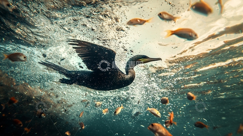高清大图下载【趣麦麦图】水下海鸟与鱼群
