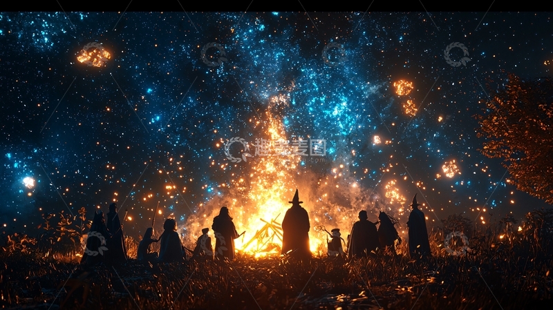 高清大图下载【趣麦麦图】夜晚篝火聚会神秘场景