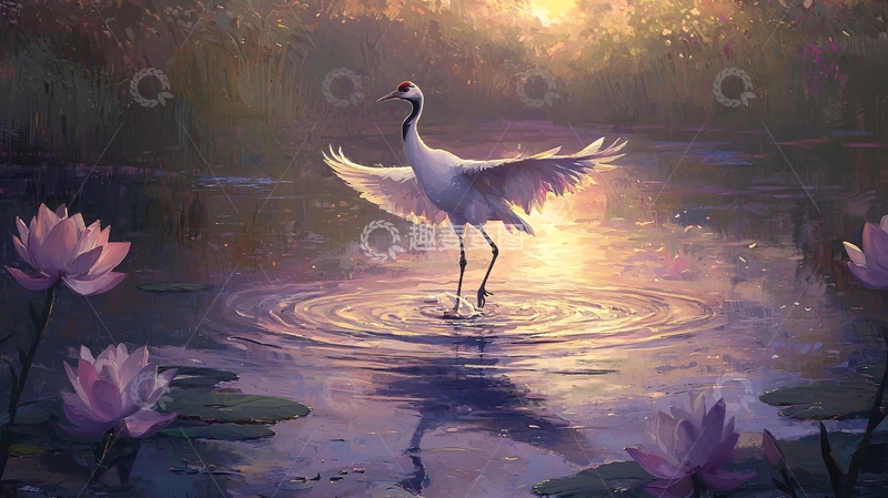 高清大图下载【趣麦麦图】晨光中的鹤与莲花