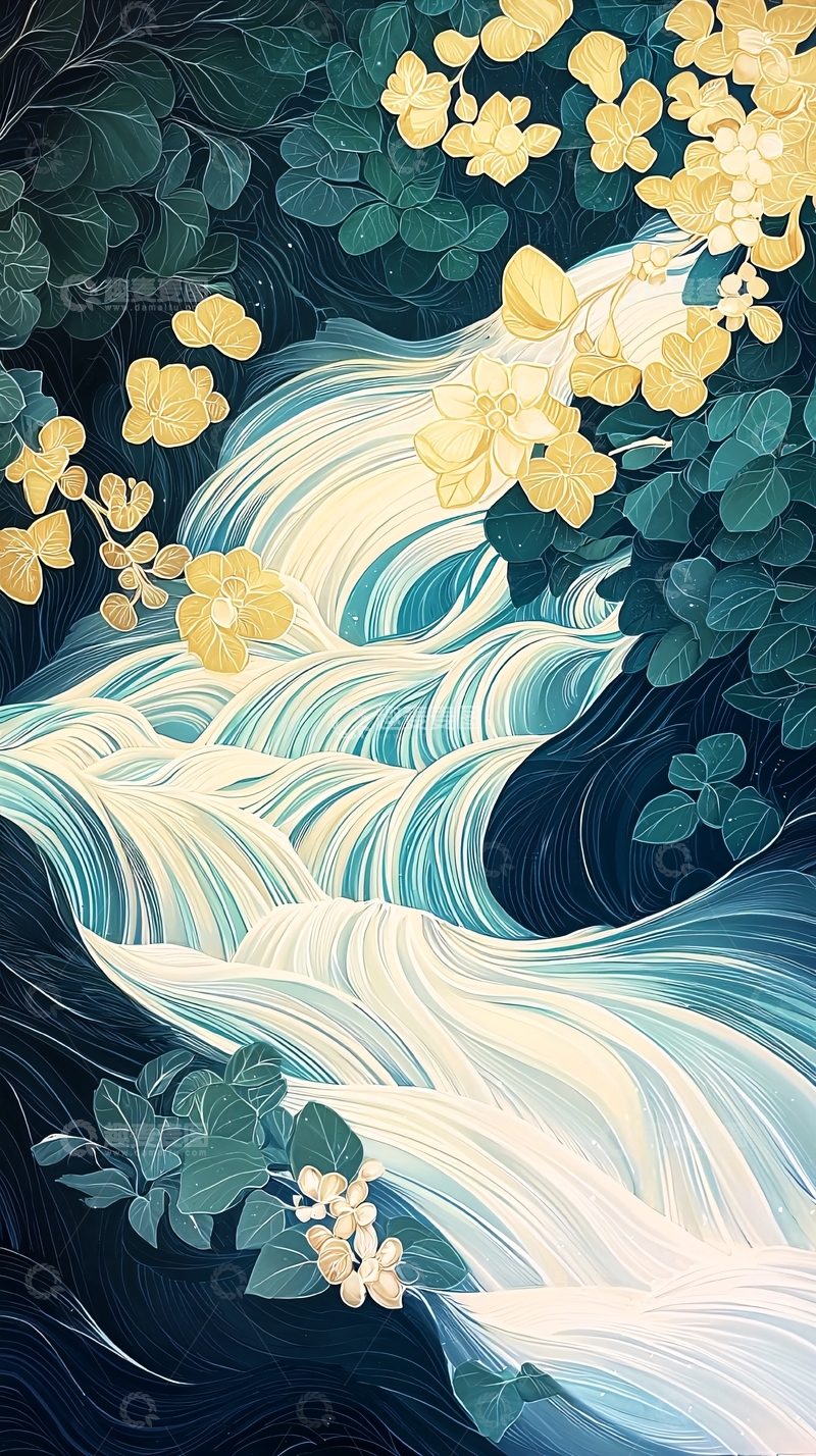 高清大图下载【趣麦麦图】梦幻瀑布与金色花朵