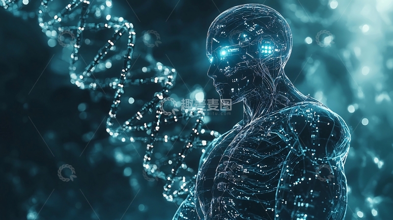 高清大图下载【趣麦麦图】虚拟医疗顾问与蓝色光效动态健康分析网络