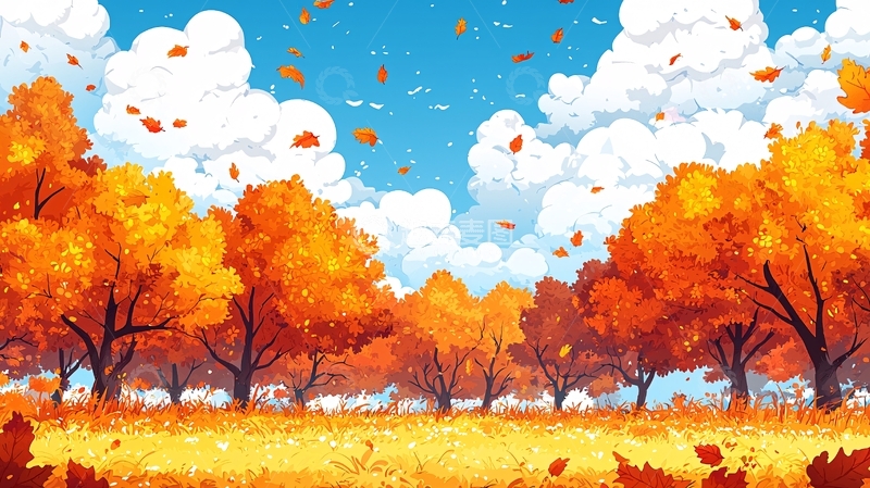 高清大图下载【趣麦麦图】蓝天白云下的秋日森林与落叶