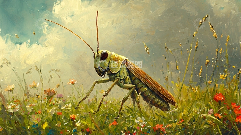 高清大图下载【趣麦麦图】绿色田野上的蚱蜢