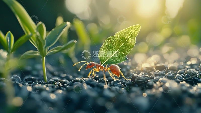高清大图下载【趣麦麦图】红蚂蚁搬运绿叶