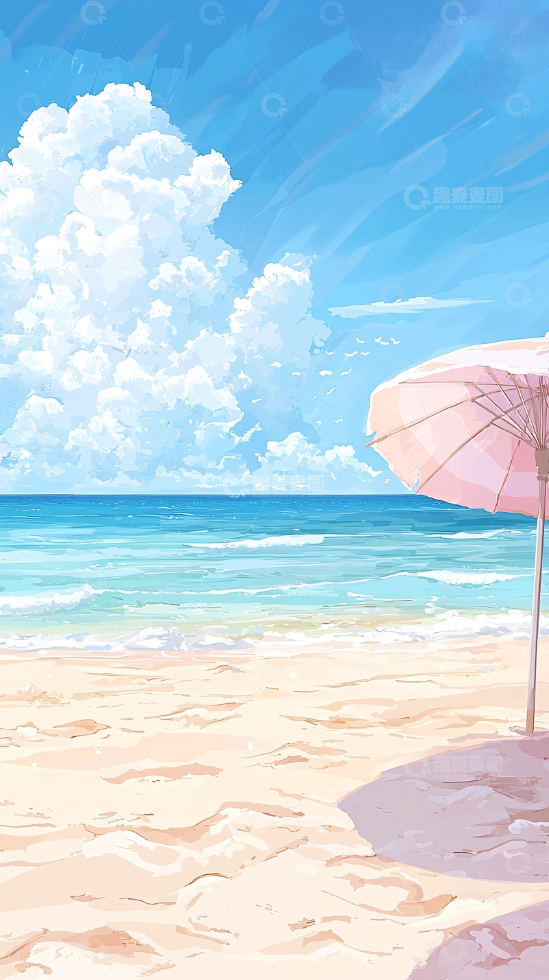 高清大图下载【趣麦麦图】夏日海滩粉色遮阳伞