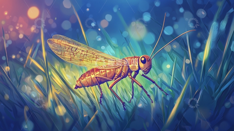 高清大图下载【趣麦麦图】夜晚草地上的昆虫插画