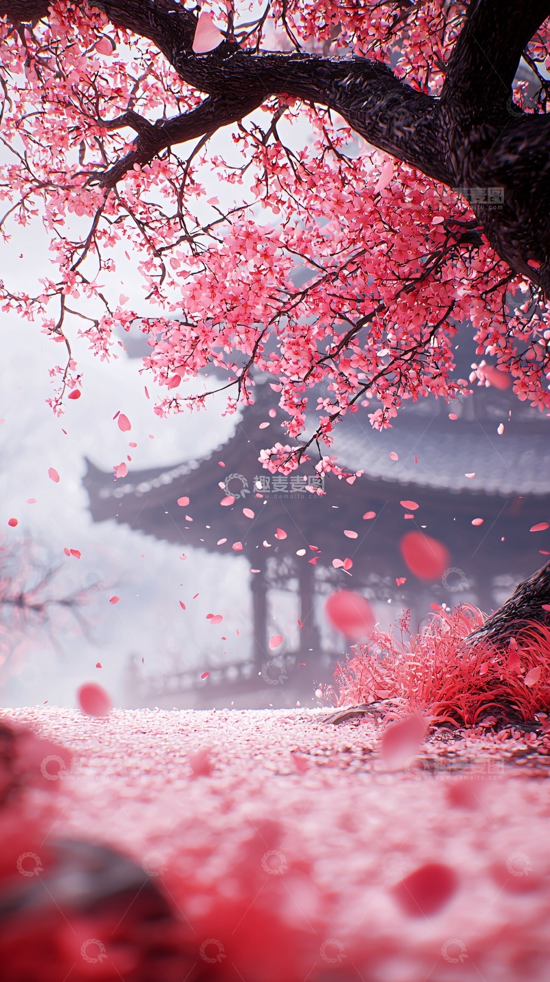 高清大图下载【趣麦麦图】樱花飘落古建筑