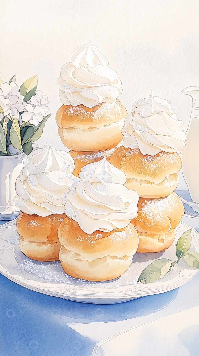 高清大图下载【趣麦麦图】奶油泡芙堆叠艺术插画