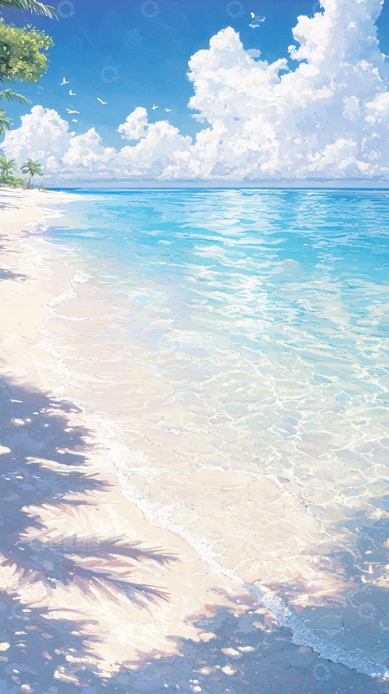 高清大图下载【趣麦麦图】夏日海滩风景插画